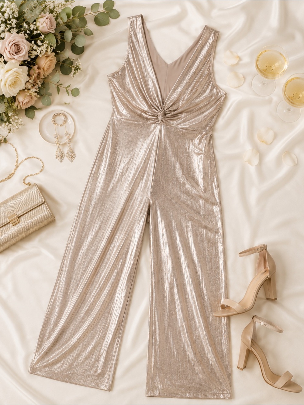 Francesca’s Alora Metallic Jumpsuit Champagne Gold Knot Front Wide Leg L NWT